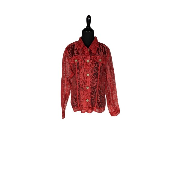 Coldwater Creek Sz M Red Orange Burnout Long Sleeve Wood Button Down Shirt - Picture 1 of 6